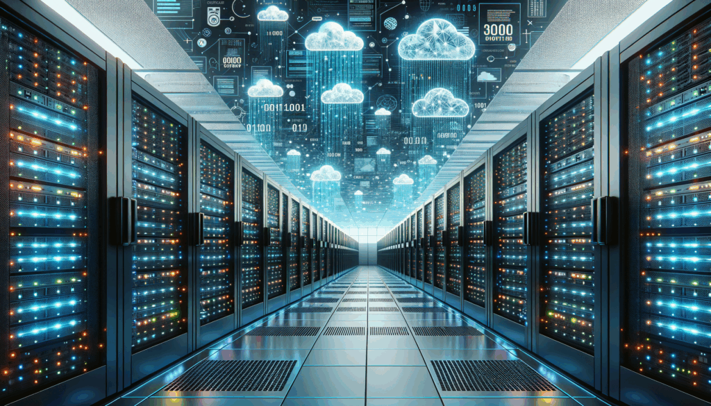 Create an image showcasing multiple rows of servers in a data center. Cyberspace sky. No people.